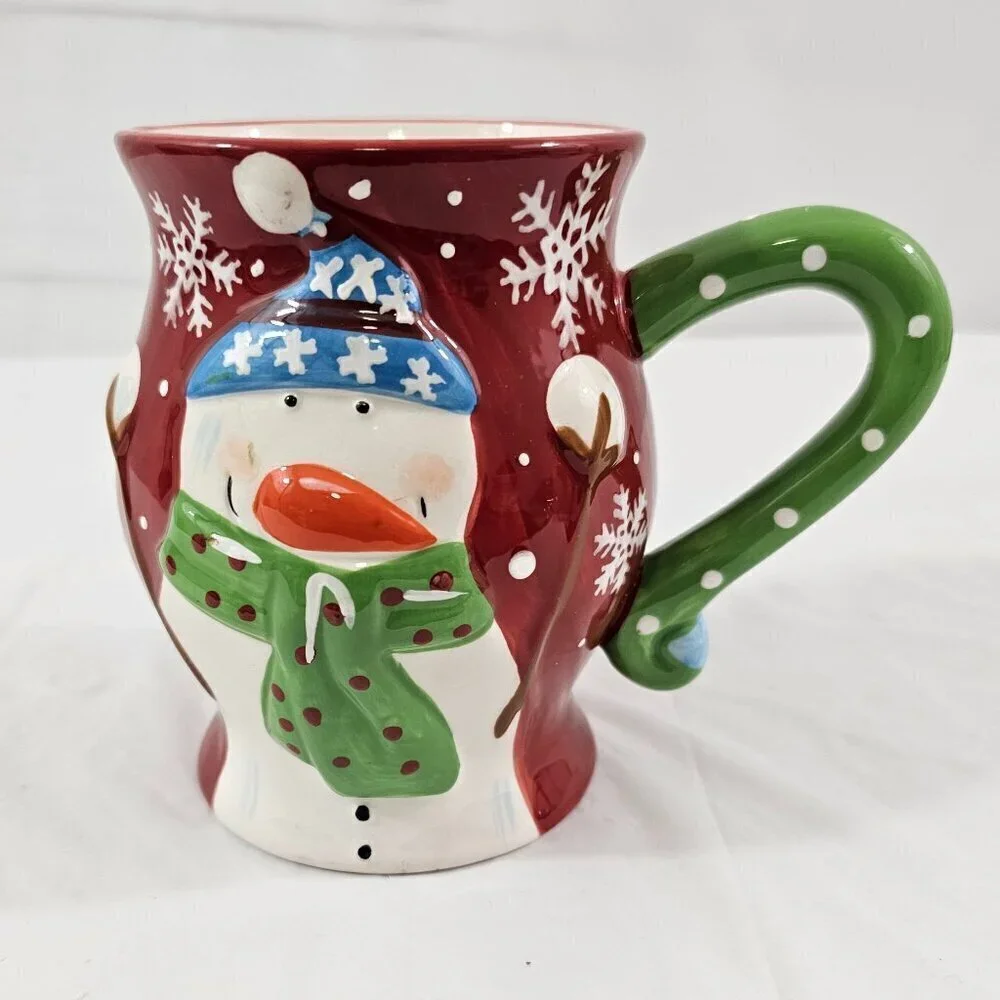 Pier 1 Imports JOLLY HOLIDAY SNOWMAN Large Red 20 Oz Dolomite Christmas Mug Cup